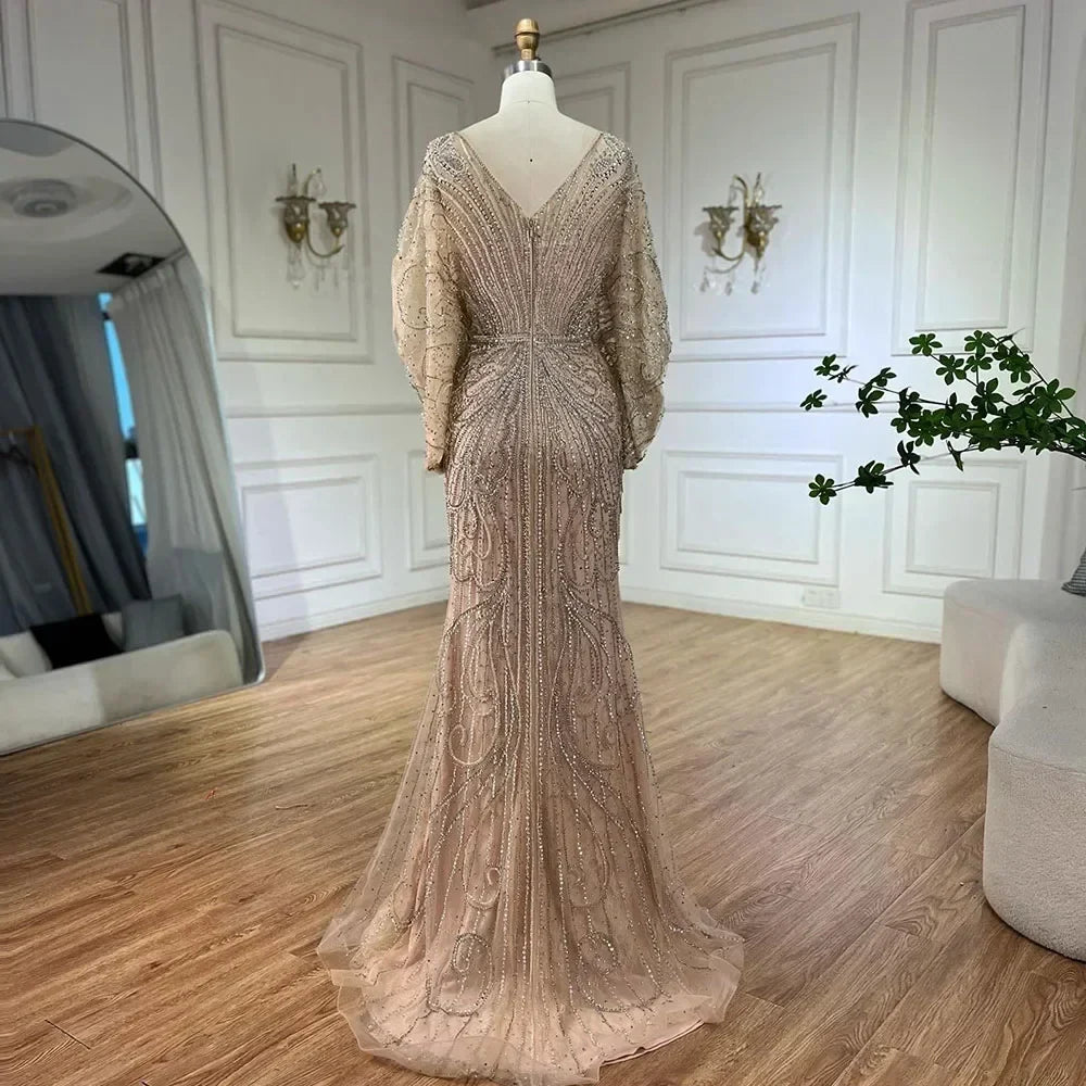 Zapdress Nude V-neck Mermaid Beaded Evening Dresses 2025 Wedding Party Gowns For Women DLA72288A Customized (ZD17221)