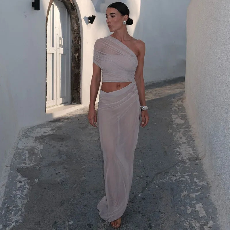 Mesh Backless One - Shoulder Long Dress