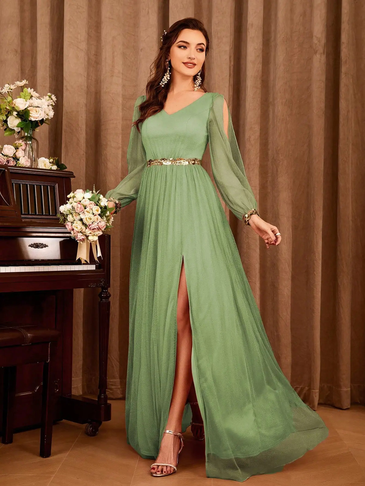 Gauze Applique Slit V-neck Maxi Dress - VelvetHem
