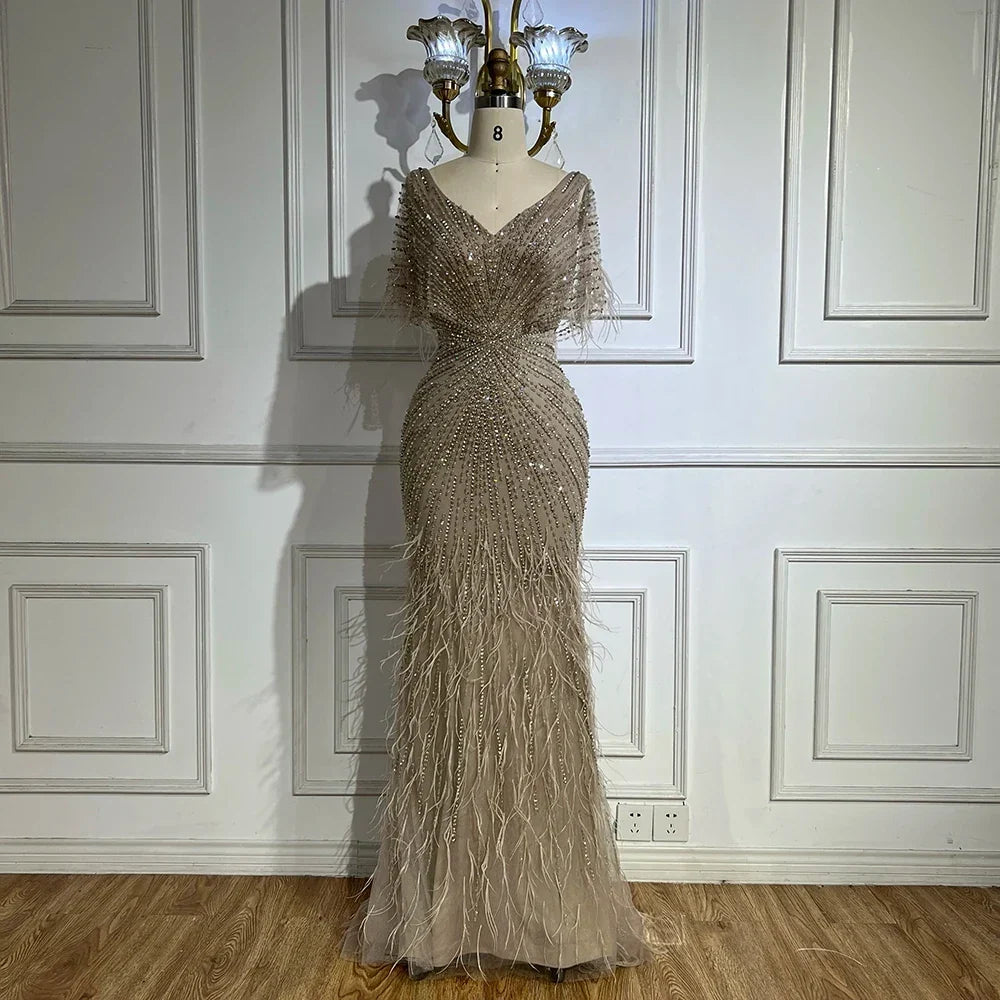 Zapdress Brown Mermaid Beaded Feathers Evening Dresses Elegant Party Gowns for Women DLA71323 Customized (ZD17329) - VelvetHem