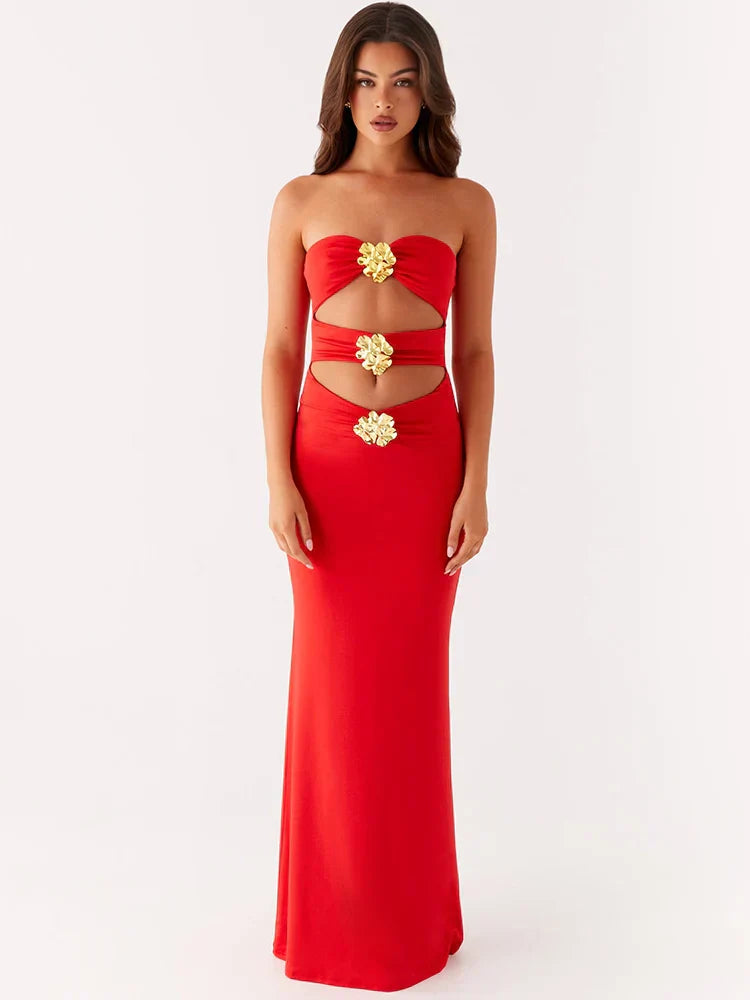 Metal Rose Hollow Out Off - shoulder Backless Long Dress