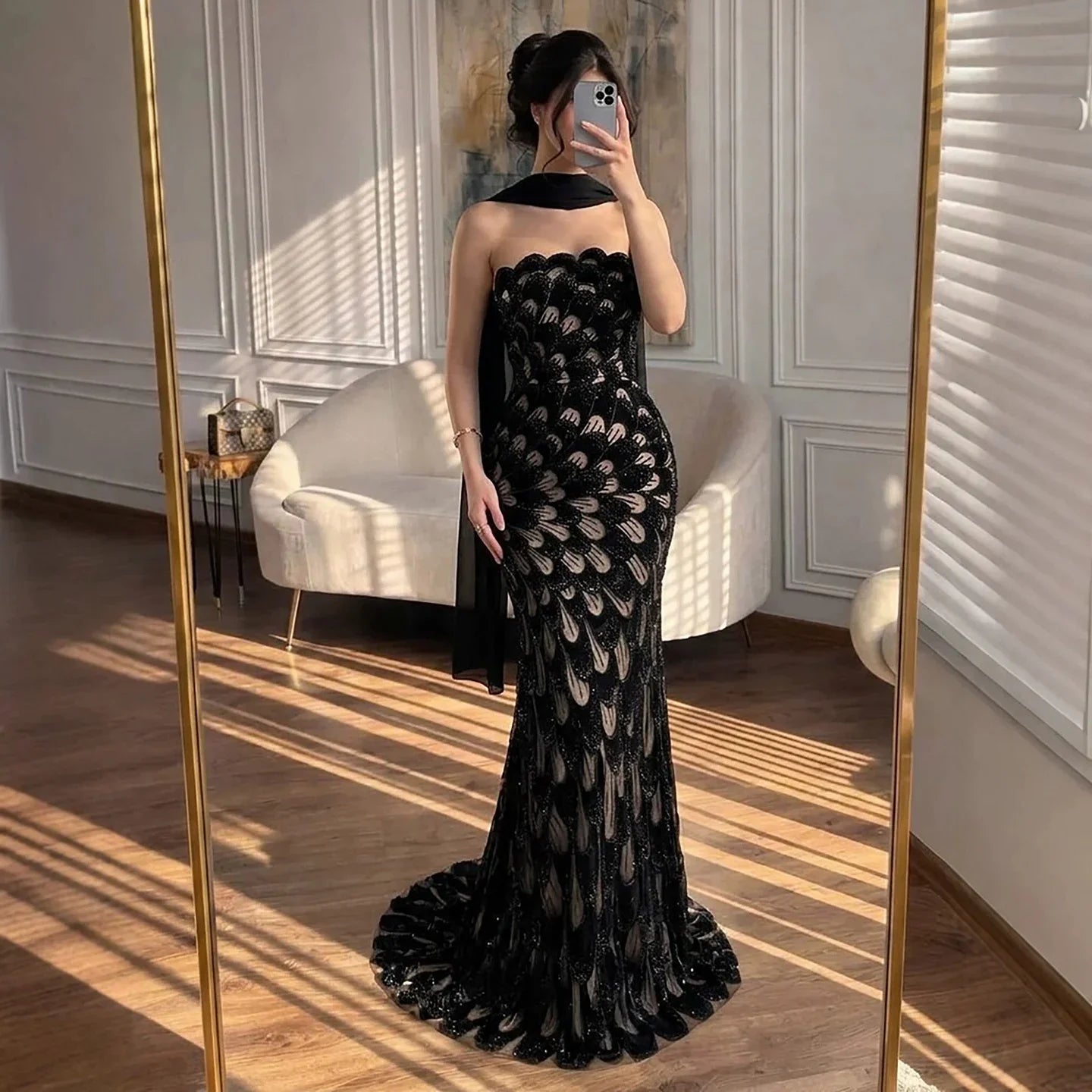 Zapdress 2026 Black Strapless Mermaid Evening Dress with Scarf Elegant Formal Party Gowns for Women DLA73607 Customizedf (ZD17227)