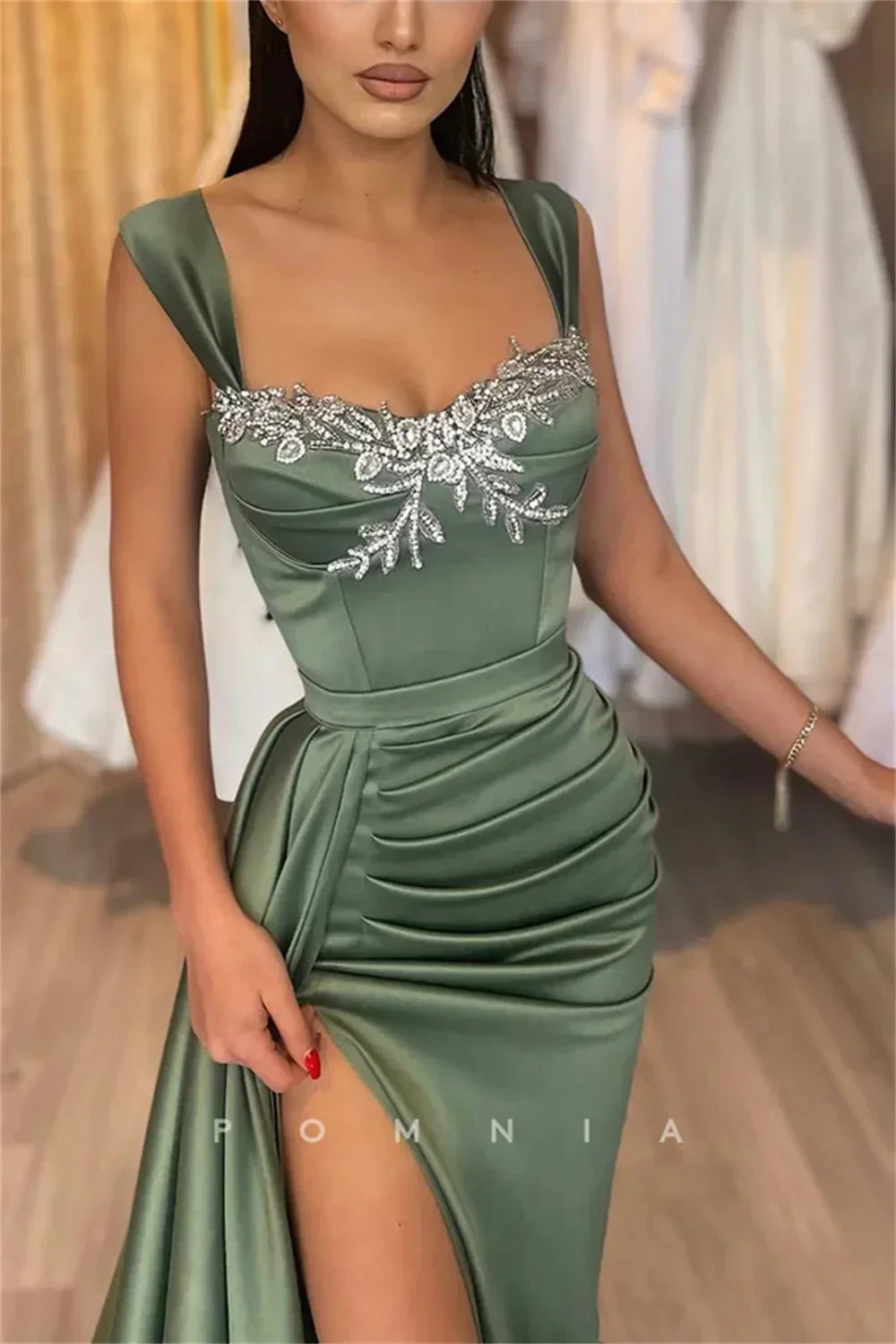 Pleated Mermaid Satin Prom Dress - VelvetHem