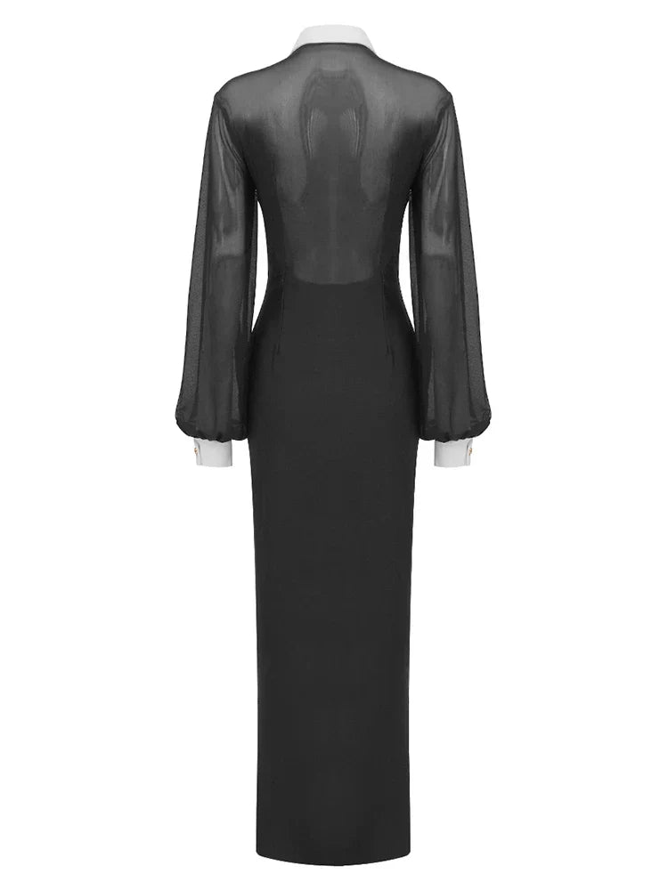 Lapel Mesh Patchwork Button Black Long Dress