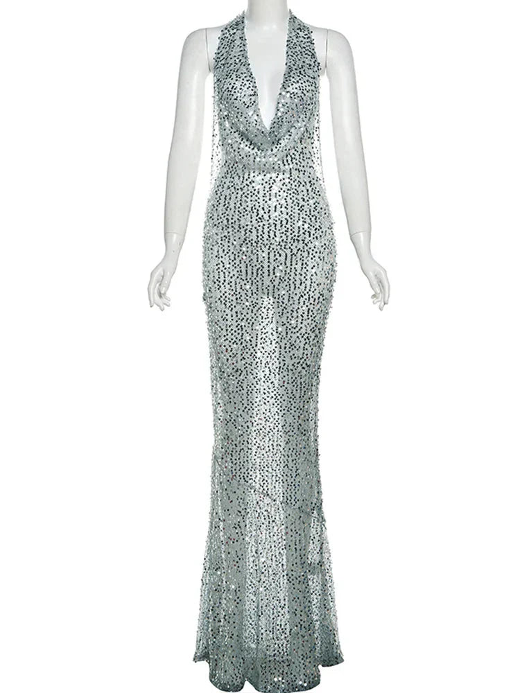 Sequins Crochet Halter Swinging Neck Long Dress