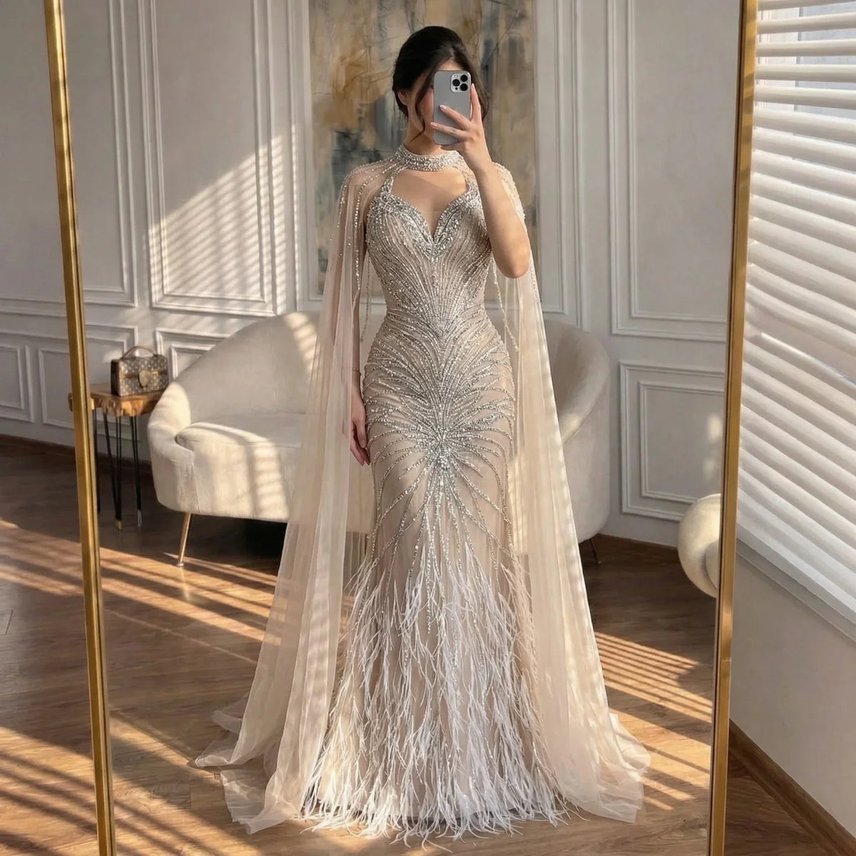 Zapdress White Nude Mermaid Evening Dresses with Cape Beaded Feathers Party Gowns for Formal Occasion Customized (ZD17198)