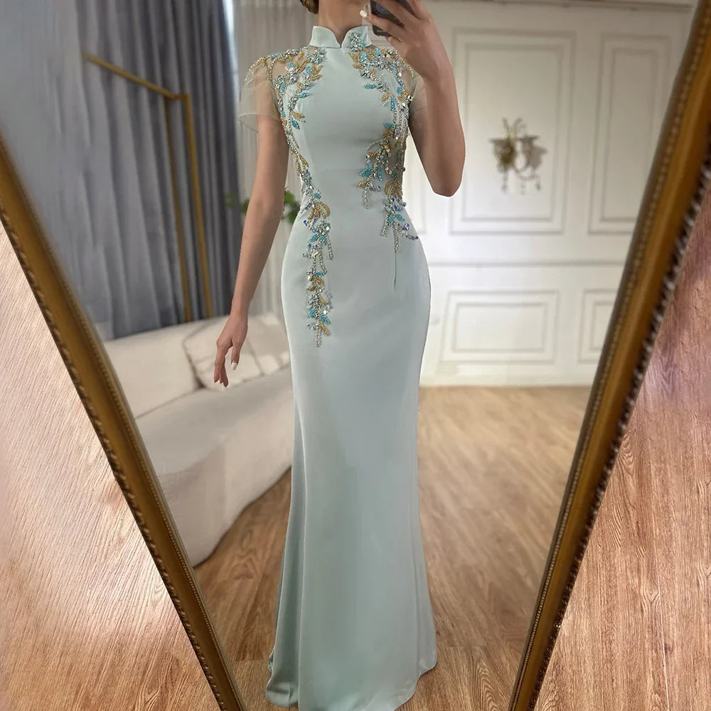 Zapdress Customized 2025 Saudi Mint Mermaid Beaded Satin Evening Dress Gown with for Formal Occasion (ZD17308) - VelvetHem