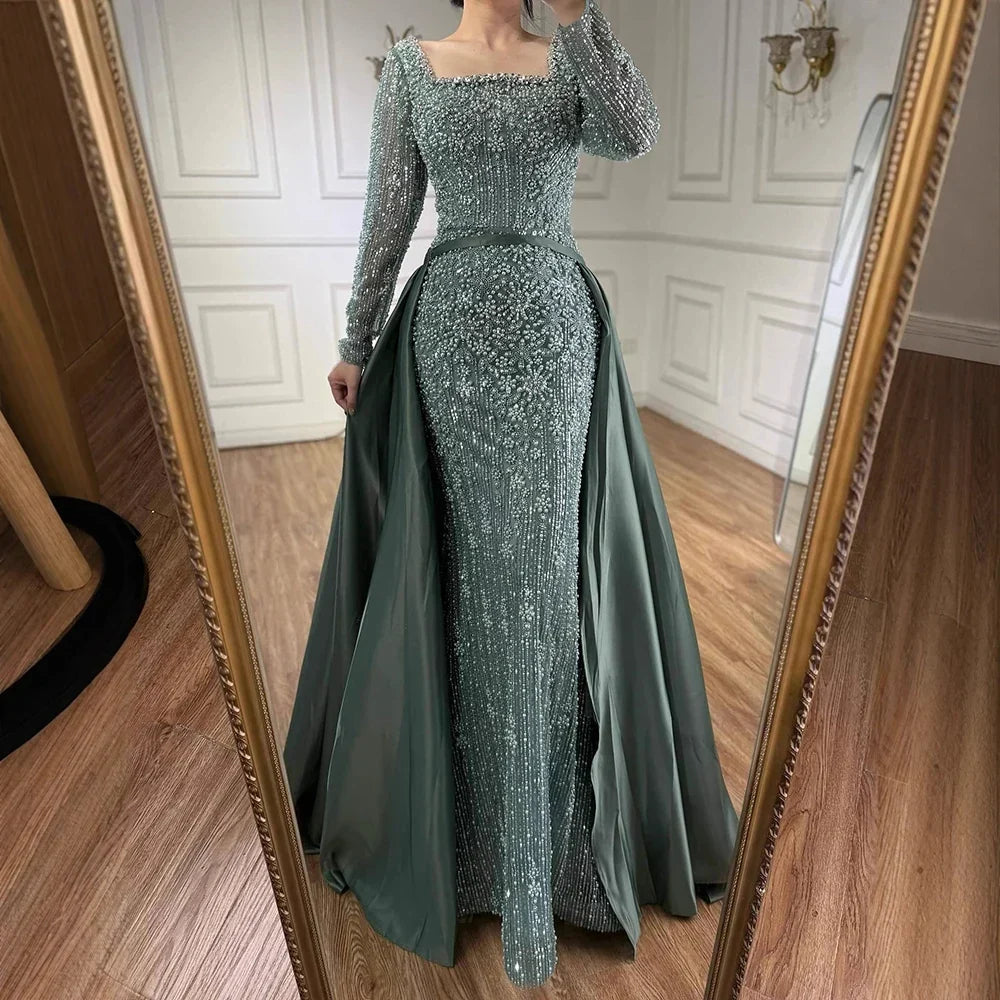 Zapdress Turquoise Square Collar Mermaid Beaded Evening Dress Overskirt Party Gowns with Long Sleeves Customized DLA72533A (ZD17193) - VelvetHem