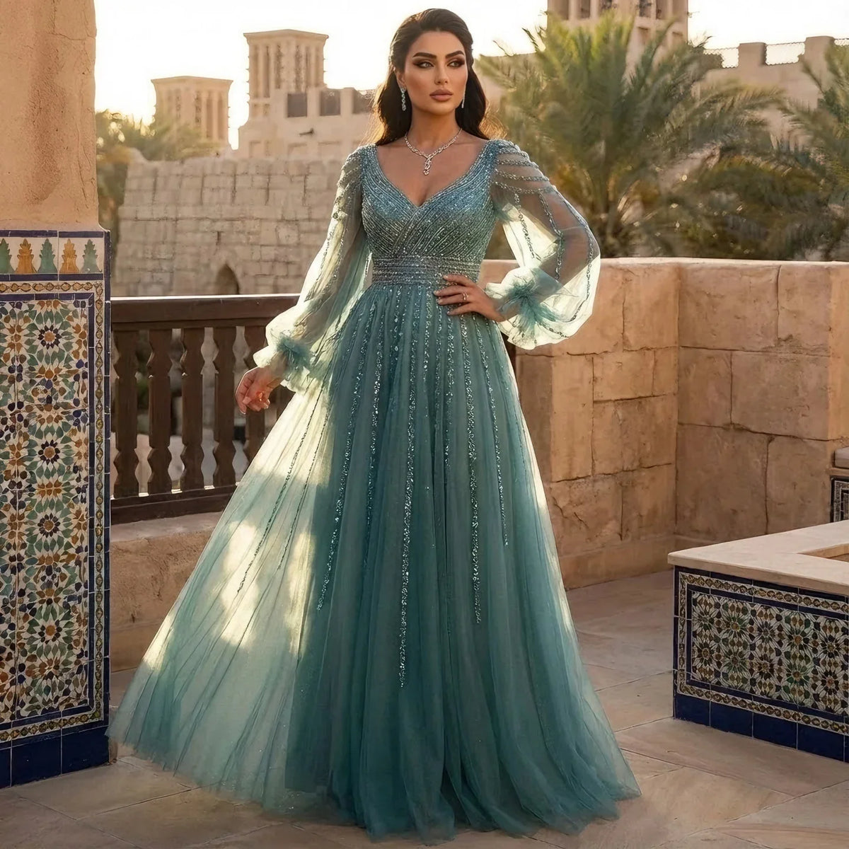 Zapdress Customized Navy Long Sleeves A-Line Beaded Arabic Evening Dresses Gowns 2024 For Women Wedding Party (ZD17328) - VelvetHem
