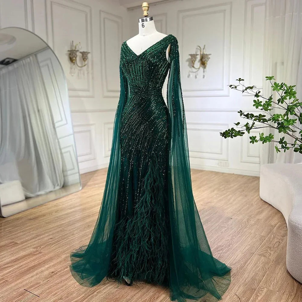 Zapdress Black Mermaid Cape Sleeves Feathers Beaded Evening Dresses Party Gowns with Split for Women DLA72216 Customized (ZD17215)