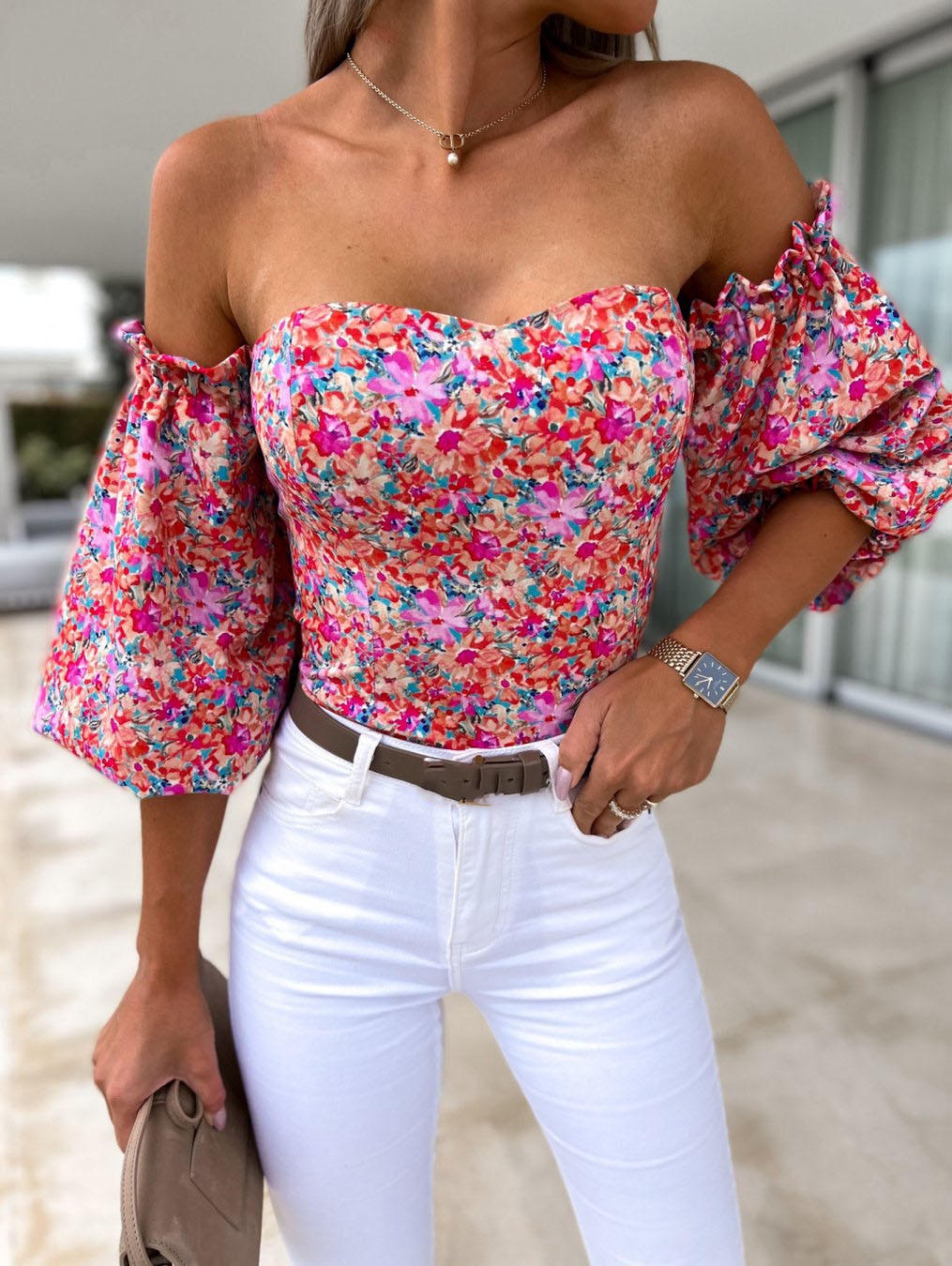 Women Top Summer Off Shoulder Floral Blouses Holiday Slash Neck Tops