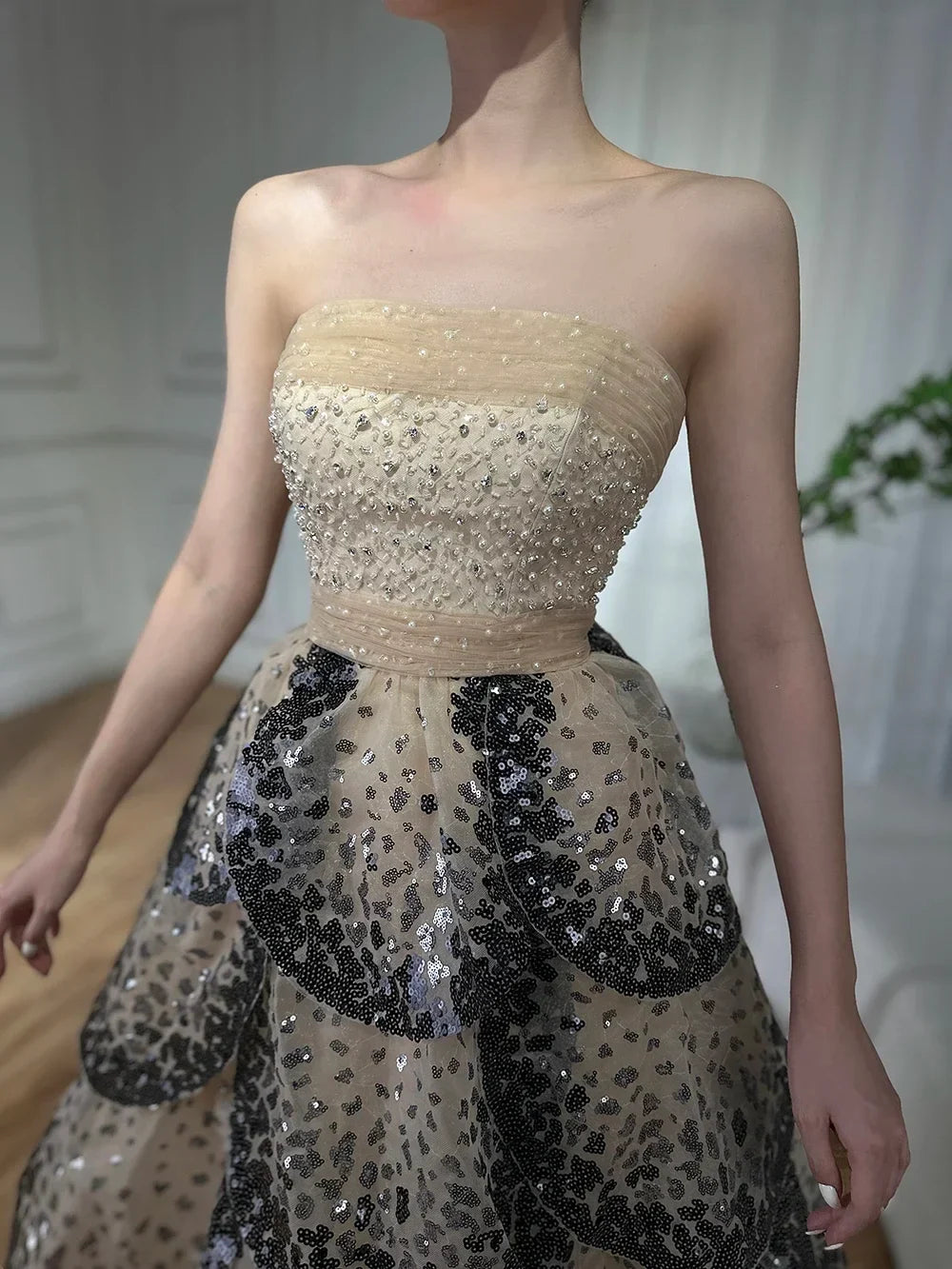 Zapdress Customized 2025 Black Nude Strapless Evening Prom Dresses Sequined Tiered A-line Party Gowns for Women DLA72505A (ZD17188)