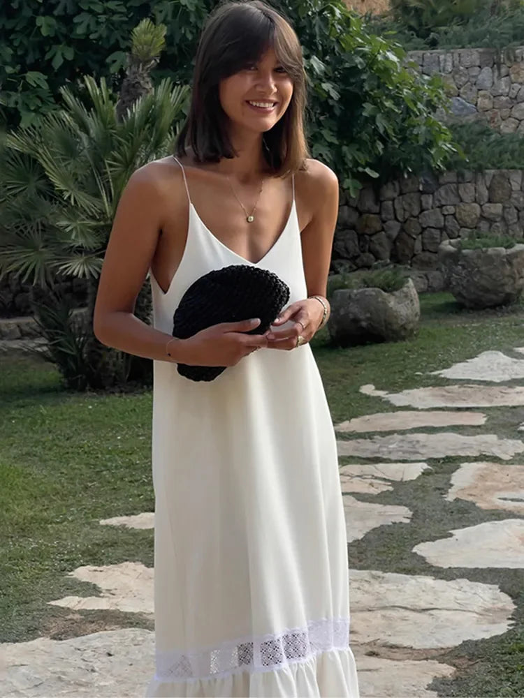 White Satin Mesh Backless Maxi Dress - VelvetHem
