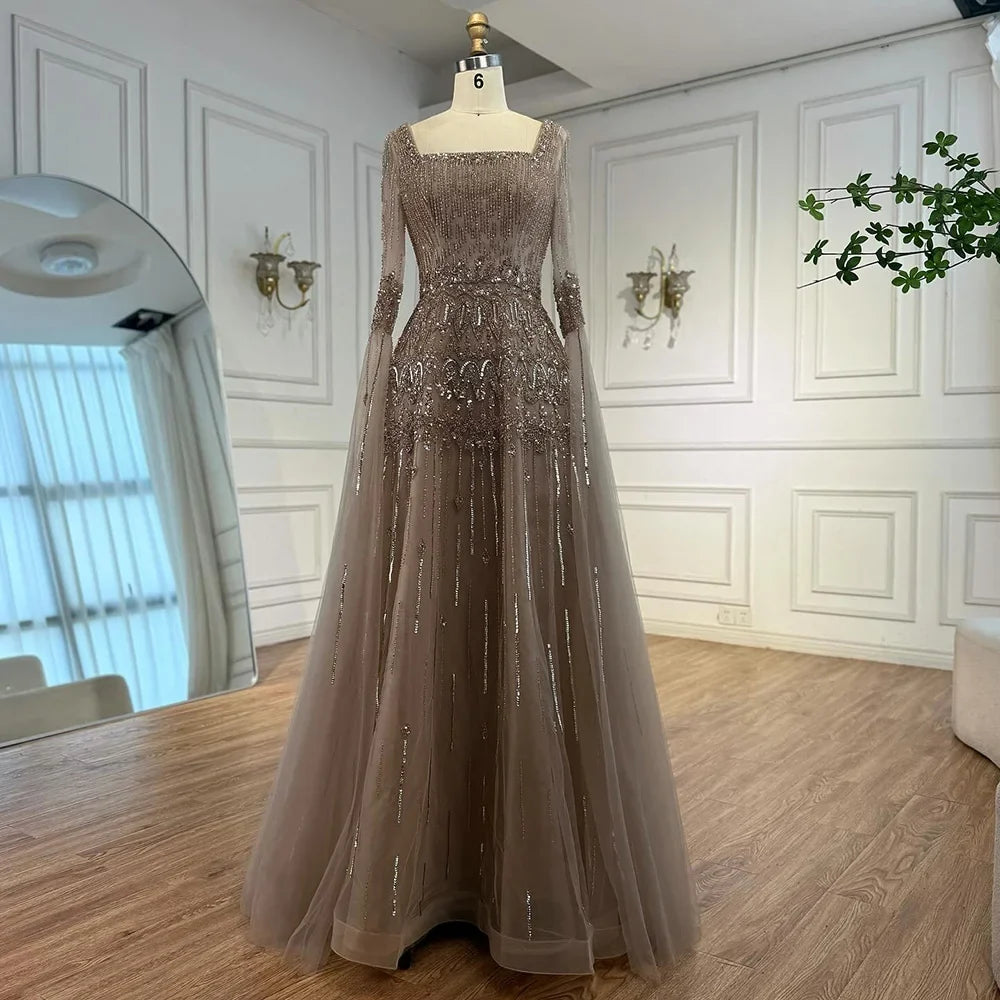 Zapdress 2026 Customized Caramel Beaded A-Line Evening Dress with Cape Sleeves Formal Party Gowns for Women (ZD17259)