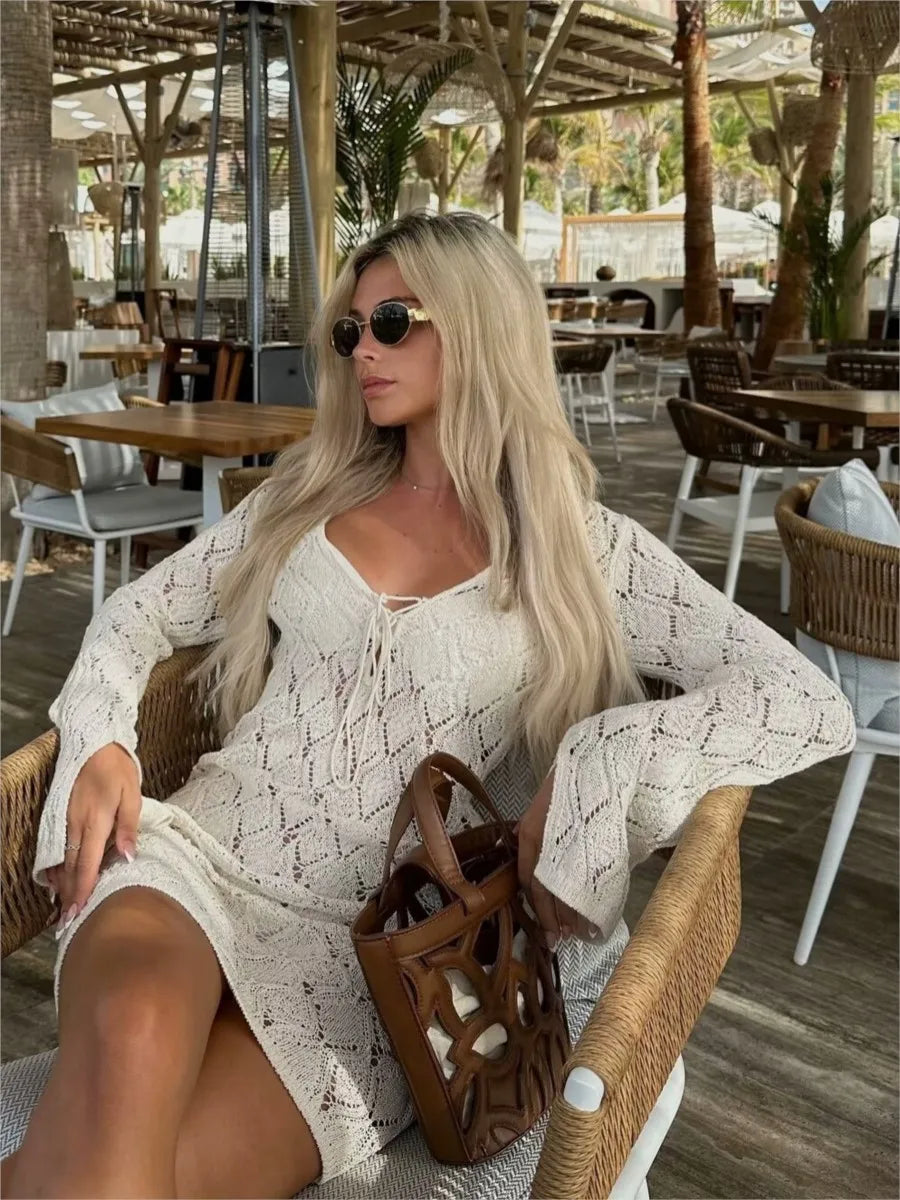 Solid Hollow Out Knitted Beach Dress Women V Neck Long Sleeve Lace up Vestidos Summer Sexy Fashion Holiday Mini Dresses
