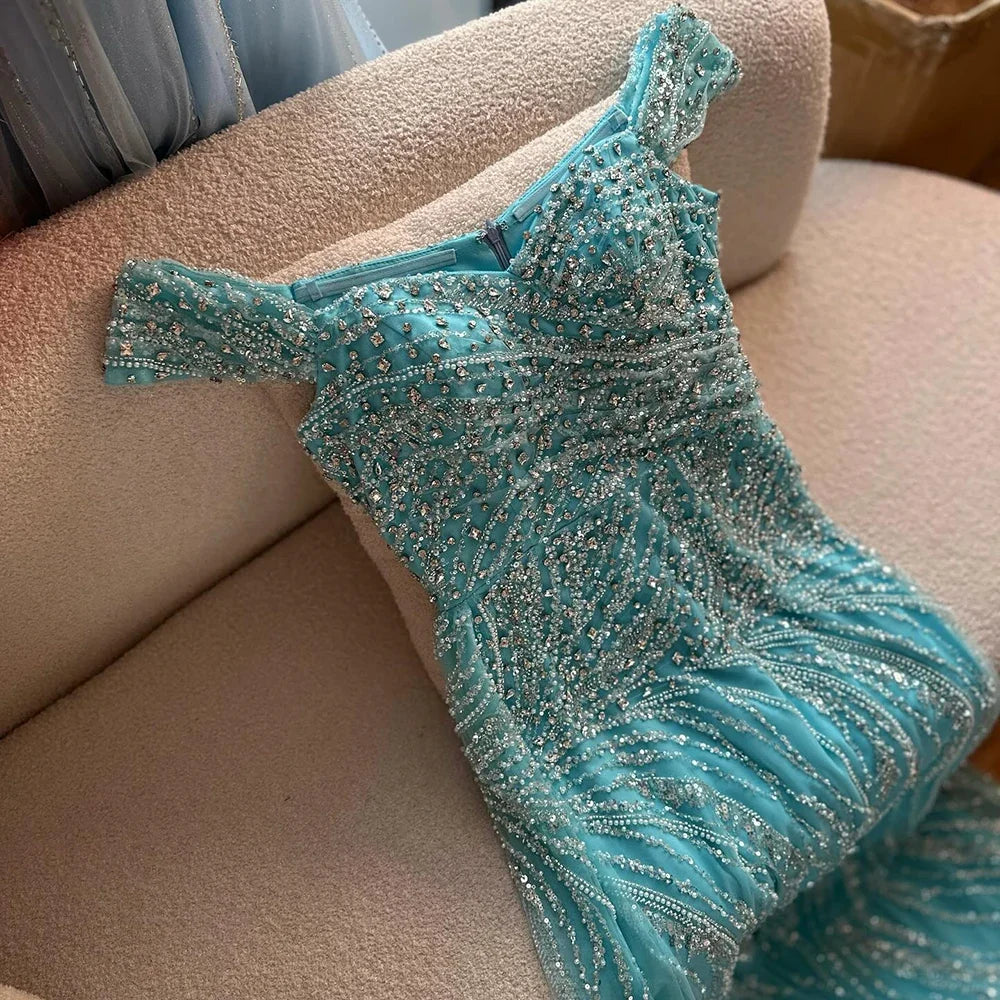 Zapdress Light Blue Off Shoulder Mermaid High Split Beaded Evening Dresses Party Gowns For Women 2025 DLA72262 Customized (ZD17269)
