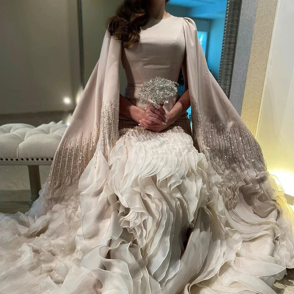Zapdress 2025 Champagne Mermaid Luxury Cape Sleeves Beaded Satin Saudi Evening Dresses Gowns for Party DLA72317A Customized (ZD17235)