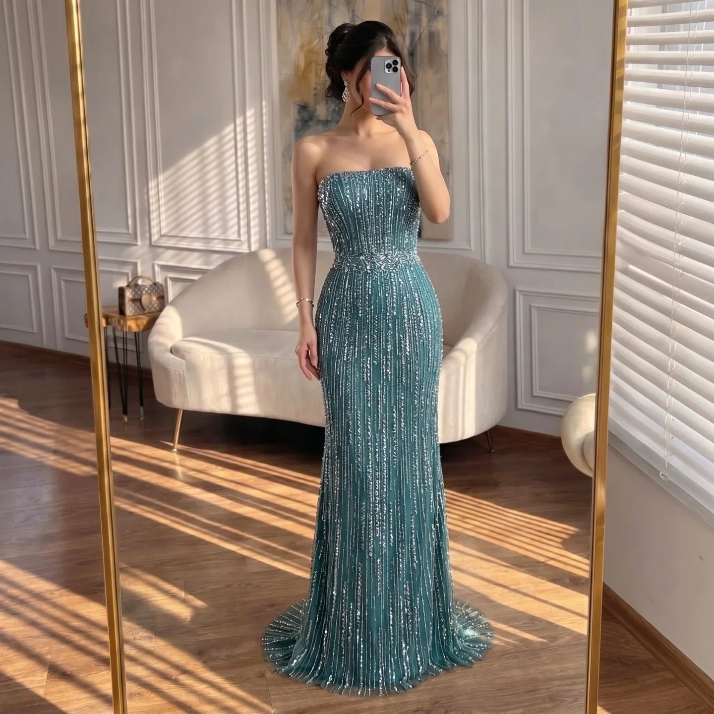 Zapdress Turquoise Strapless Mermaid Beaded Evening Party Dresses Gowns with Gloves Customized (ZD17249)
