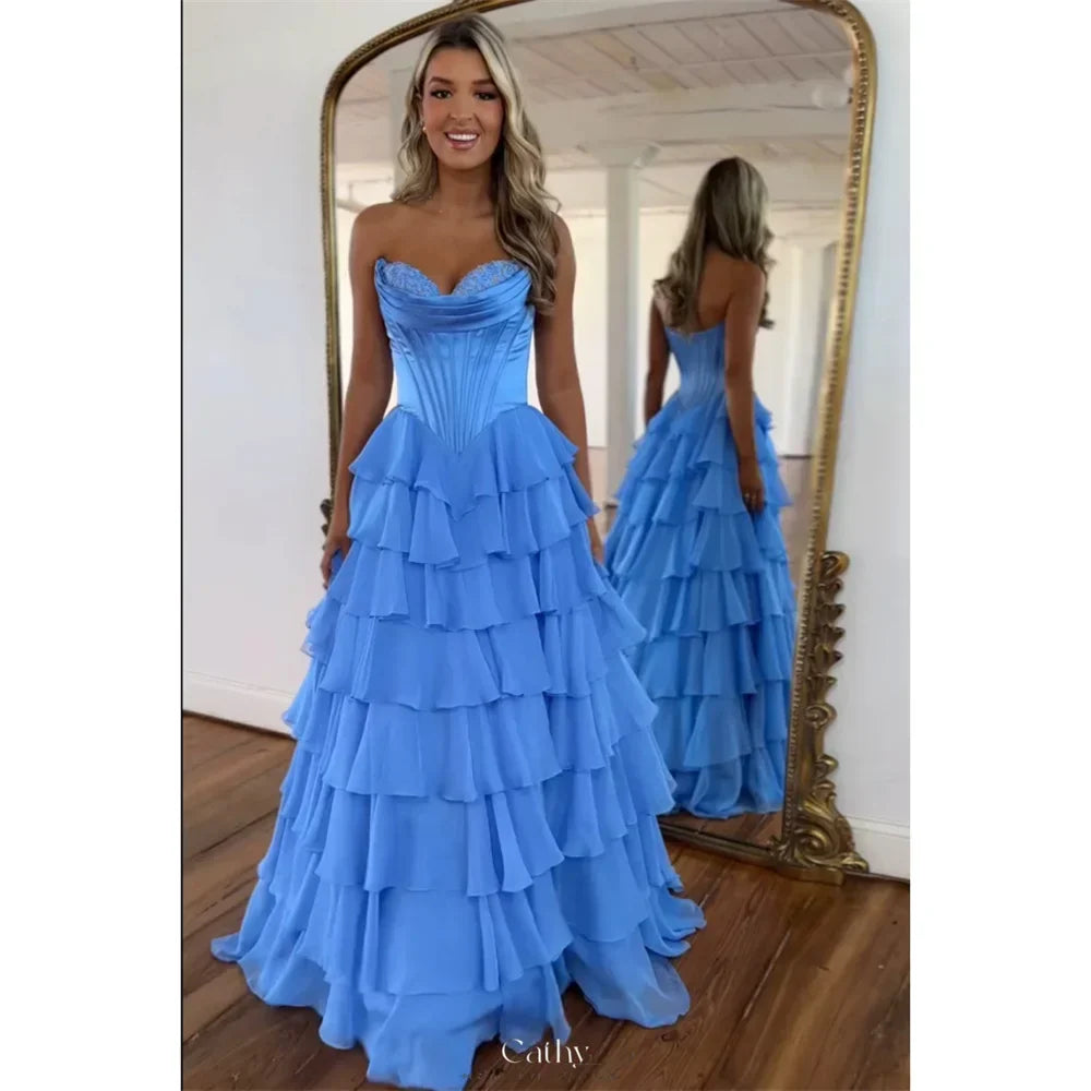 Cathy Strapless Tiered Ruffles A-line Prom Dress A-line Side Split vestidos de noiva Customized Zip Back Chiffon Evening Gown - VelvetHem