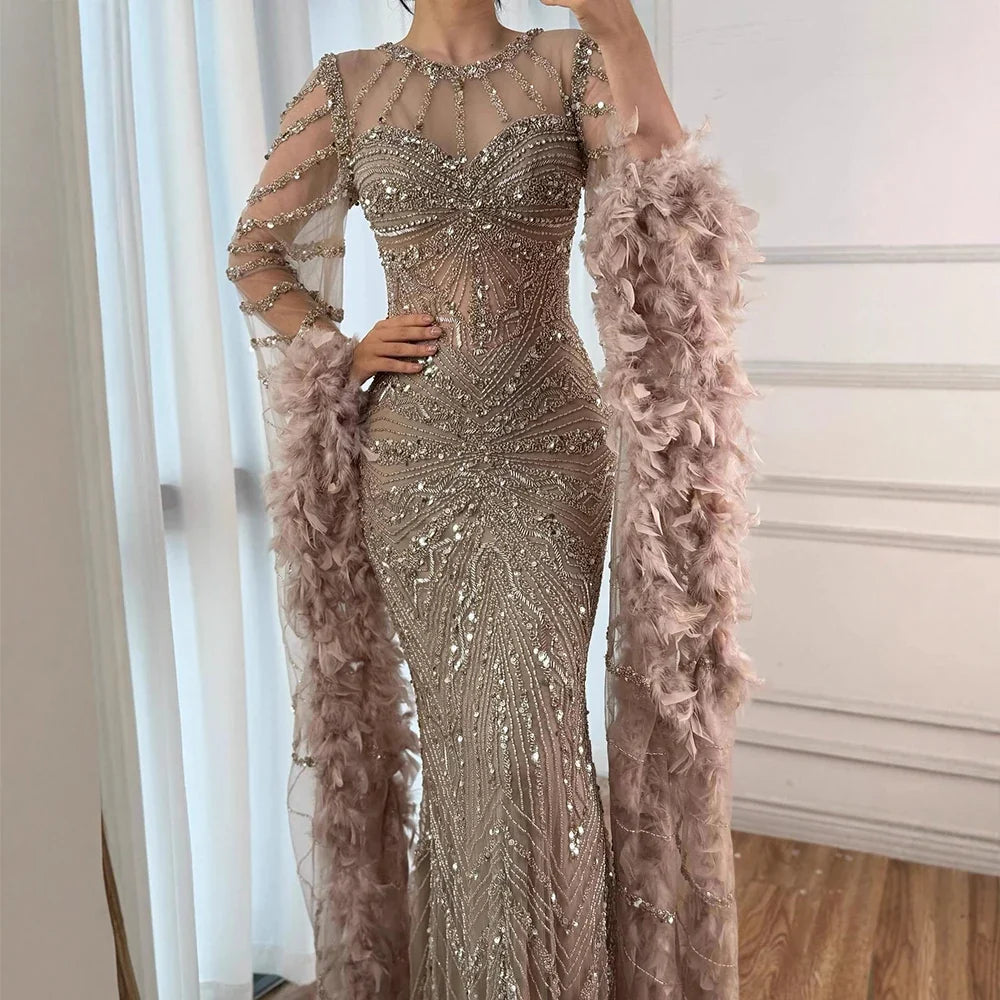 Zapdress Pink Luxury Beaded Mermaid Evening Dress Gowns with Feathers for Formal Occasion Customized DLA72708A (ZD17284)