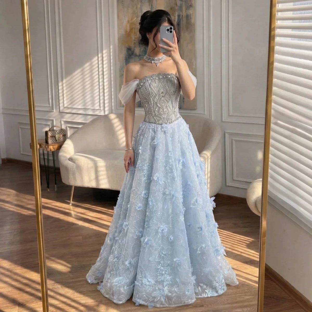 Zapdress Blue A-Line Evening Dress Beaded 3D Floral Appliques Off Shoulder for Women Wedding Party 2026 Customized (ZD17387) - VelvetHem