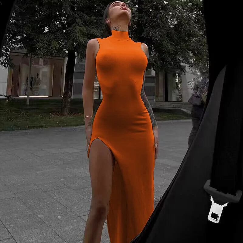 Slit Turtleneck Bodycon Midi Party Dress - VelvetHem