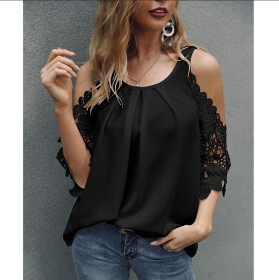 Off Shoulder Lace Blouse Women Summer Tops White Black Blouses ONeck Solid Loose 5XL Clothes