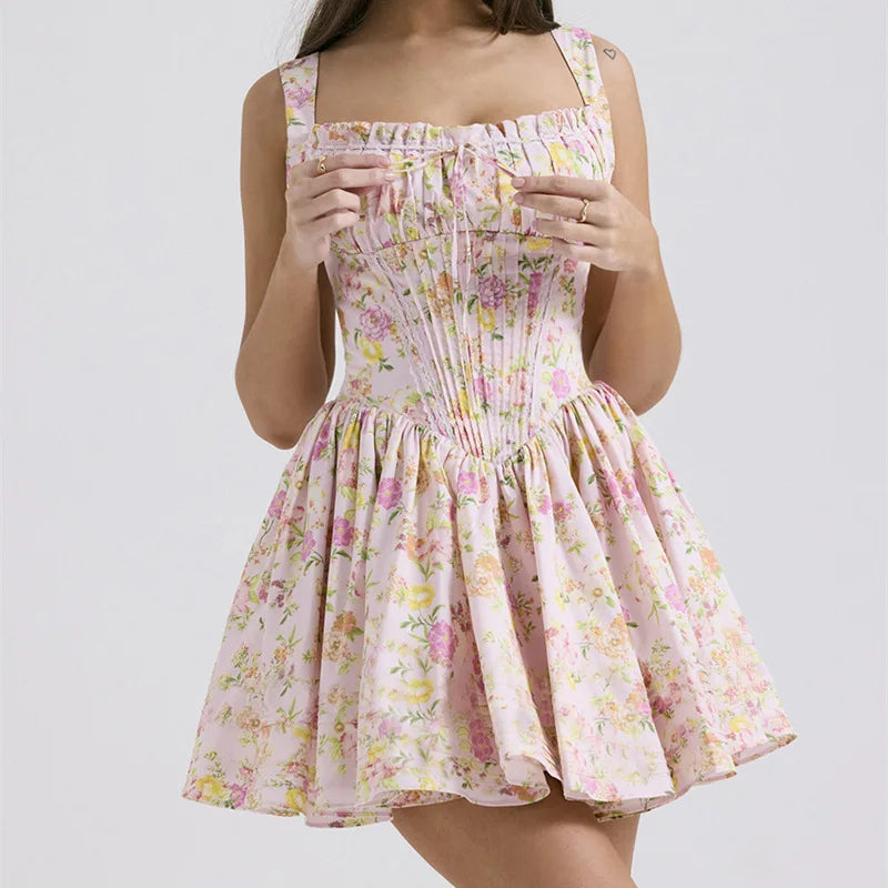 Flower Printed Open Back A - line Corset Mini Dress