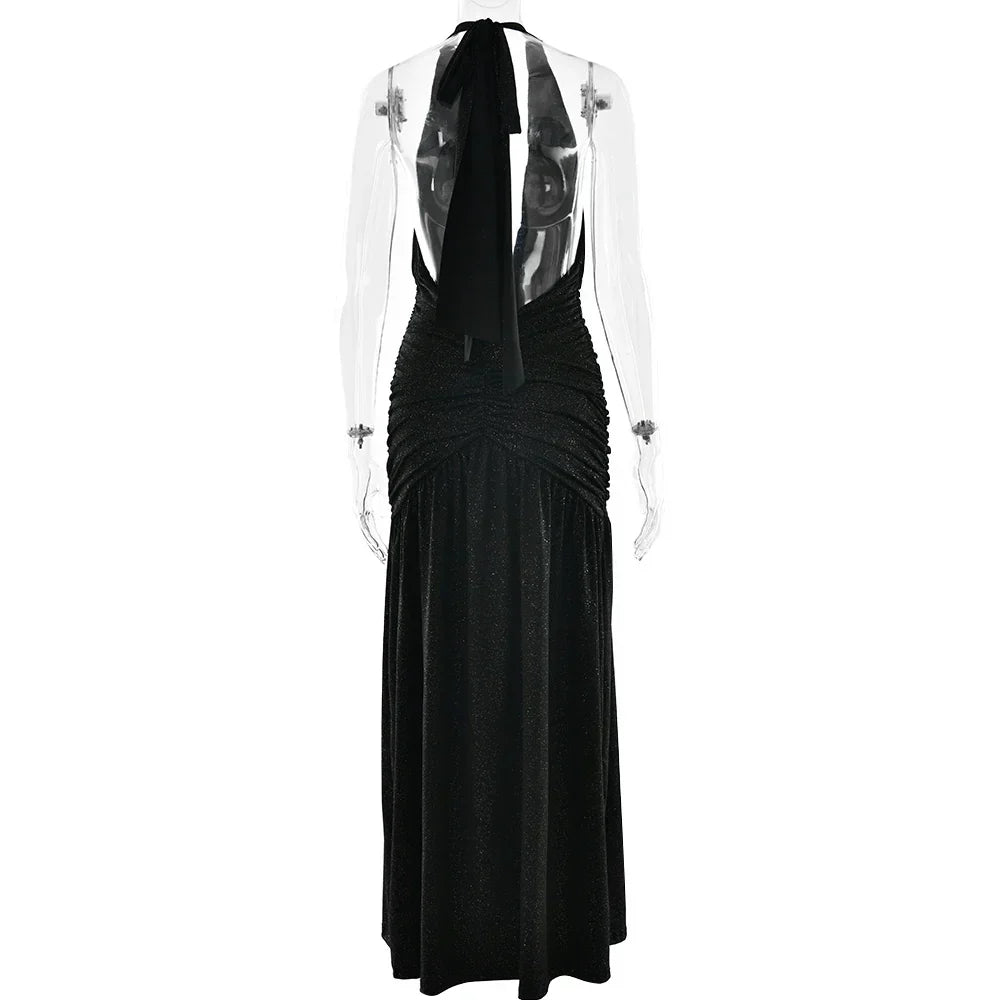 Glitter Bright Silk High Slit Halter Dress