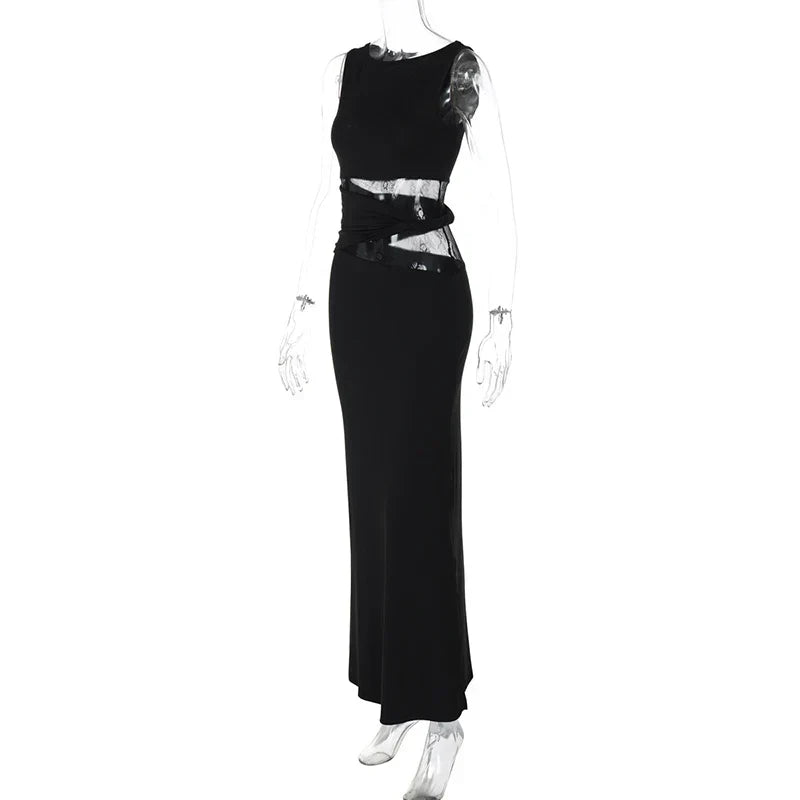 Sheer Lace O Neck Bodycon Long Tank Dress