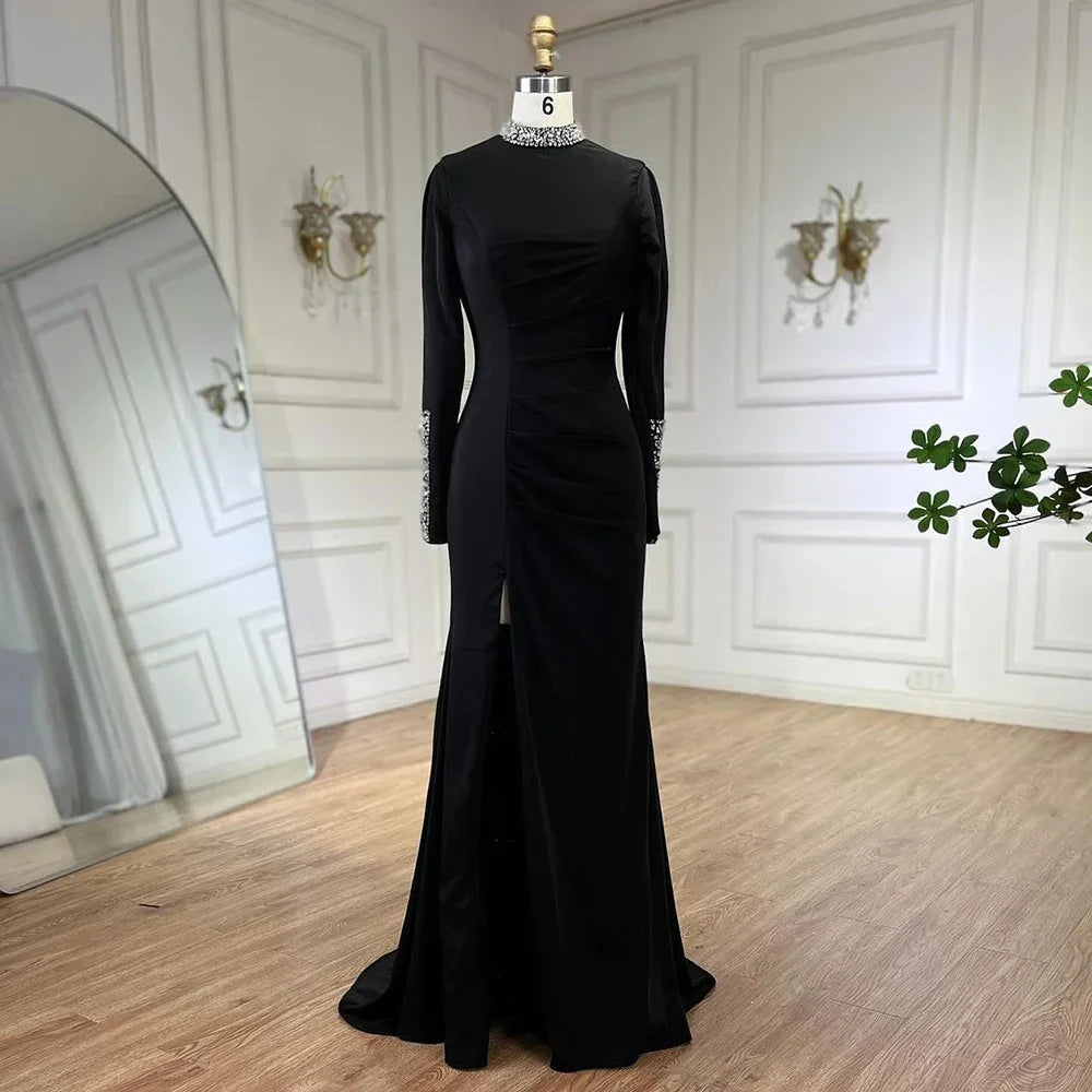Zapdress Customized Black Satin Mock Neck Mermaid Evening Dresses with Split Simple Party Gowns for Women (ZD17296)