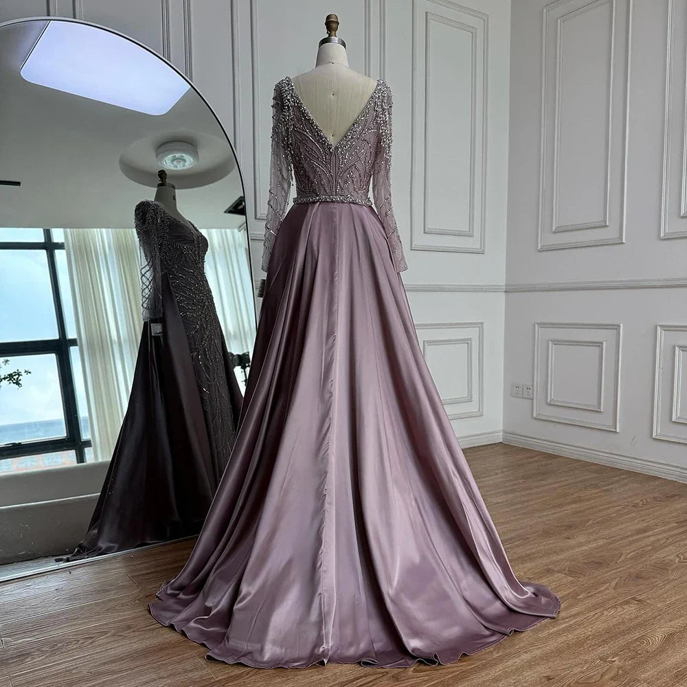 Zapdress Customized 2026 High-end Beaded Blue Long Sleeves Evening Dress with Overskirt Satin Party Gowns for Women (ZD17332)