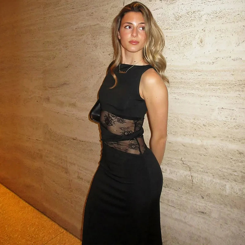 Sheer Lace O Neck Bodycon Long Tank Dress
