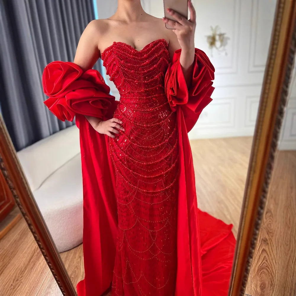 Zapdress Red Strapless Mermaid Pearls Beaded Evening Dresses with Long Cape Wedding Party Gowns 2025 DLA72585A Customized (ZD17356) - VelvetHem
