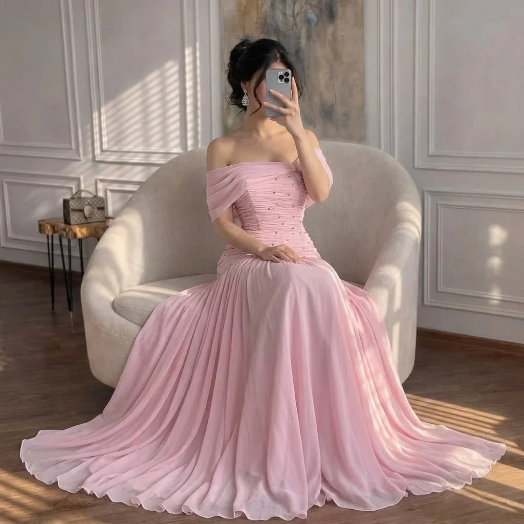 Zapdress Pink Chiffon Mermaid Evening Gowns 2026 Elegant Mermaid Off-Shoulder Pleated Ruched Prom Dresses LA73347 Customized (ZD17312) - VelvetHem