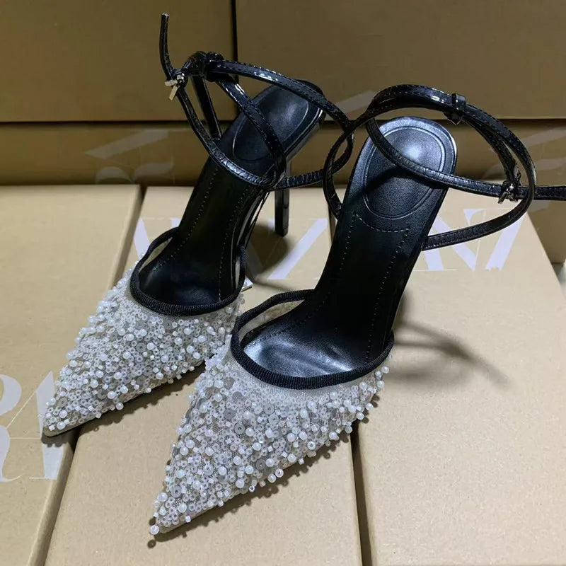 Luxury Pearls Sequined Air Mesh Women Pumps Summer Elegant Pointed toe Slingbacks Thin High heels Fashion Wedding Party Shoes - View 7 | VelvetHem