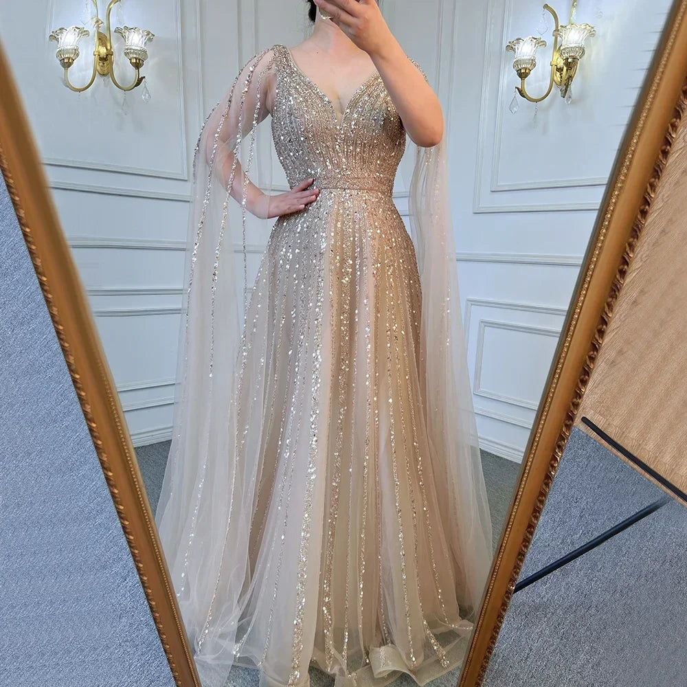 Zapdress Customized Pink A-Line Cape Sleeves Luxury Beaded Evening Dresses Party Gowns 2025 For Women Wedding (ZD17346)