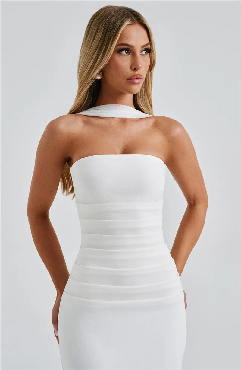 Scarf Collar Strapless Off - shoulder Long Dress
