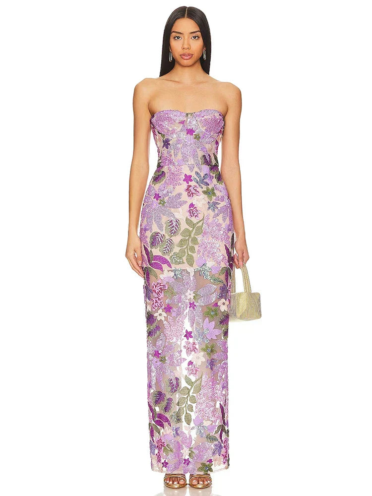 Floral - Embellished Sequin Lavender Ankle Length Dress