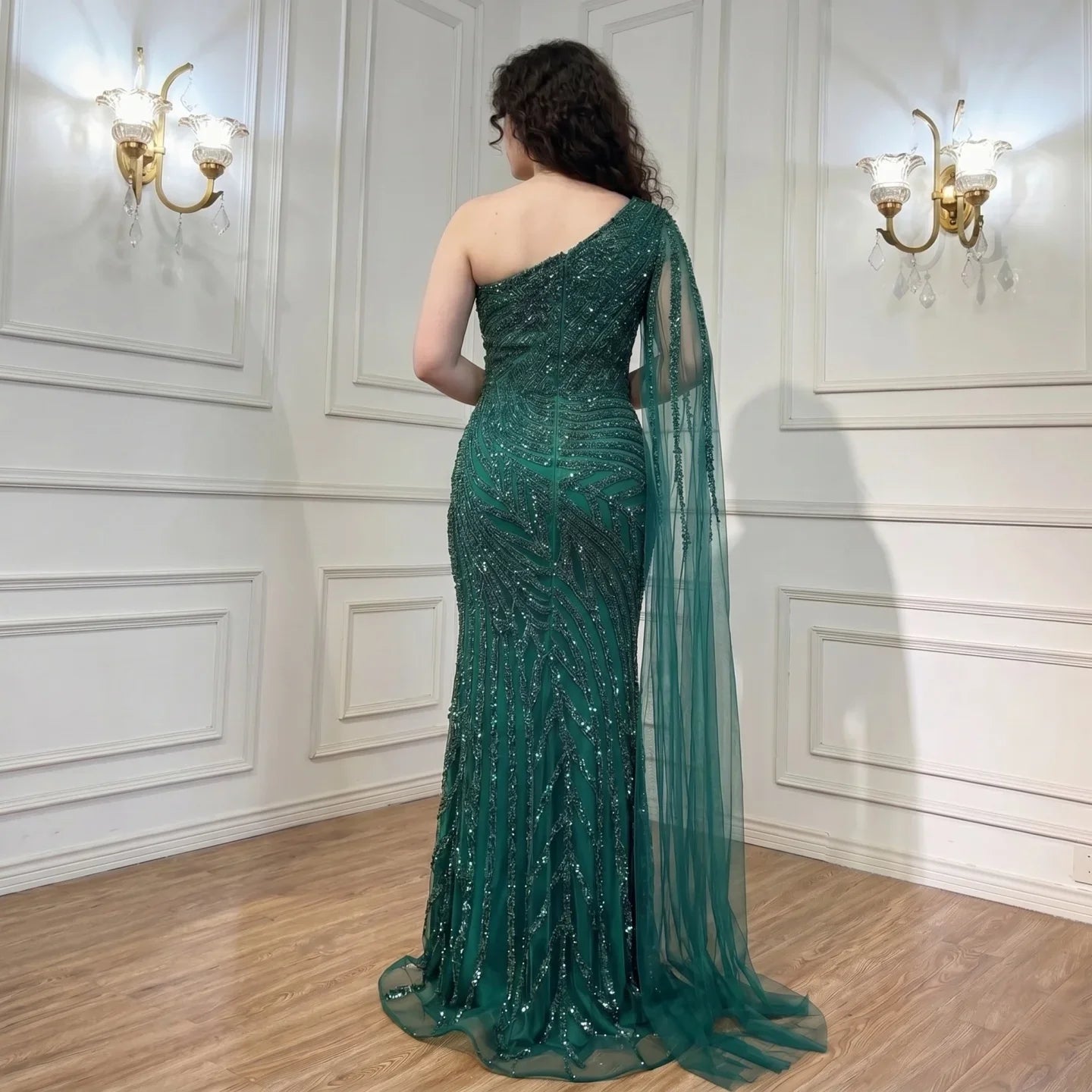 Zapdress Customized Gold Mermaid Beaded One Shoulder Cape Sleeve Evening Dresses Split Elegant Party Gowns For Women (ZD17236)