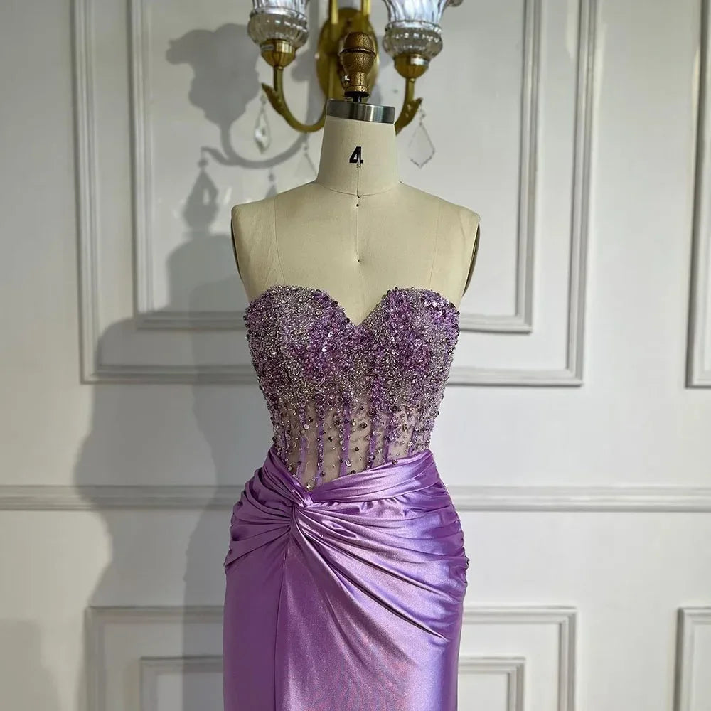 Zapdress Customized Lilac Satin Split Strapless Mermaid Evening Dresses Beaded Party Gowns for Women Bridesmaid (ZD17313)