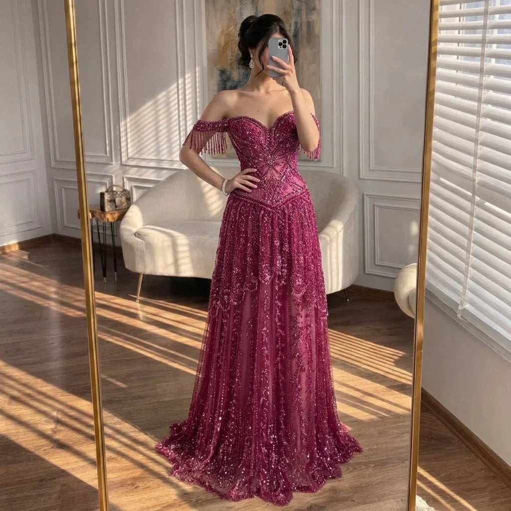 Zapdress 2026 Off-Shoulder Fuchsia Beaded Evening Dress Elegant Wedding Party Gown for Women DLA73594 Customized (ZD17243) - VelvetHem