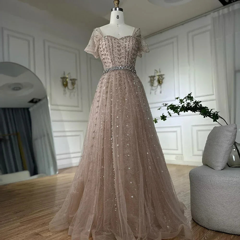 Zapdress 2025 Customized Dubai Nude A-Line Beaded Backless Evening Dresses Gowns for Wedding Party (ZD17261) - VelvetHem