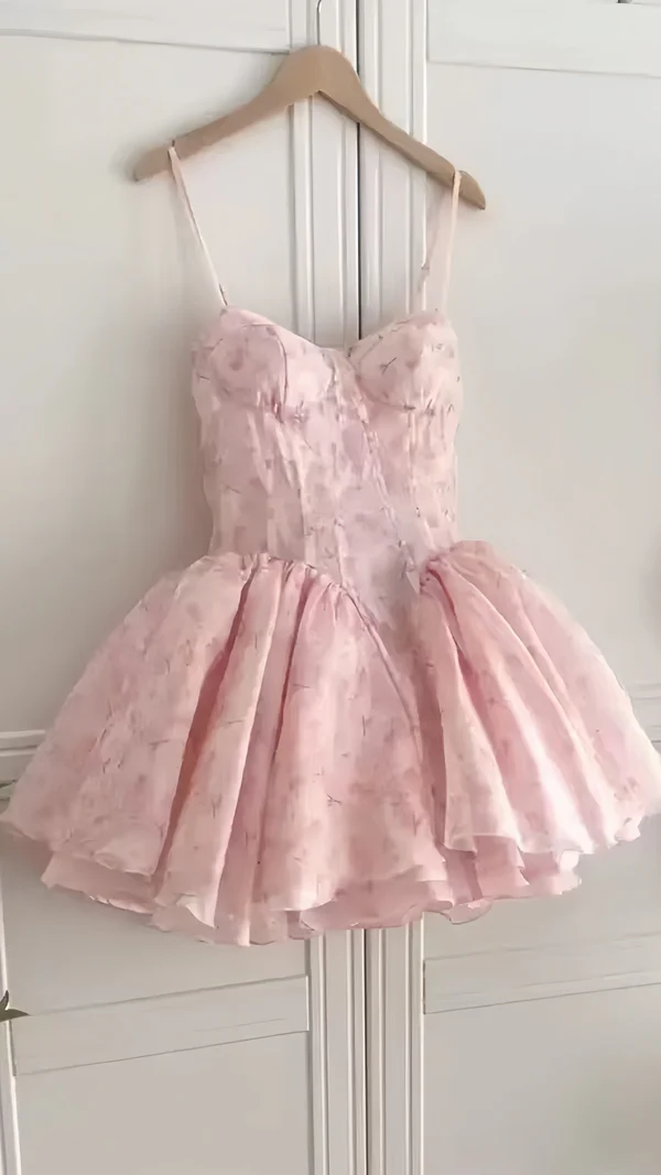 Pretty Spaghetti Straps Pink Floral A Line Formal Homecoming Dress Formal 19th Birthday Outfits