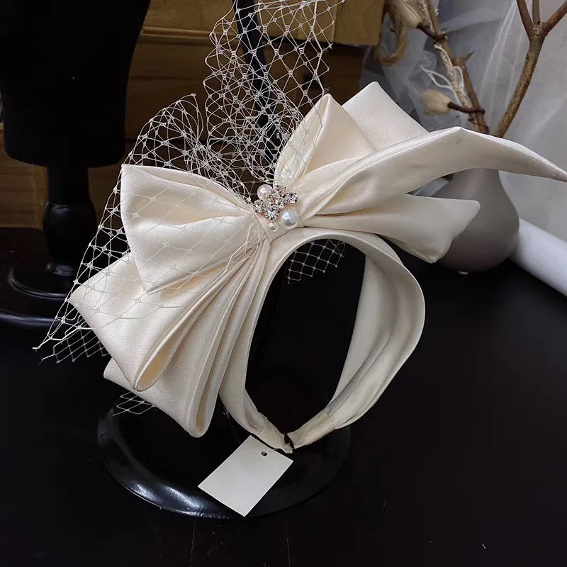 Vintage Bridal Headbands Wedding Party Fascinator Veil Women Satin Bowknot Hairband With Face Veils For Bride Headdress Headwear