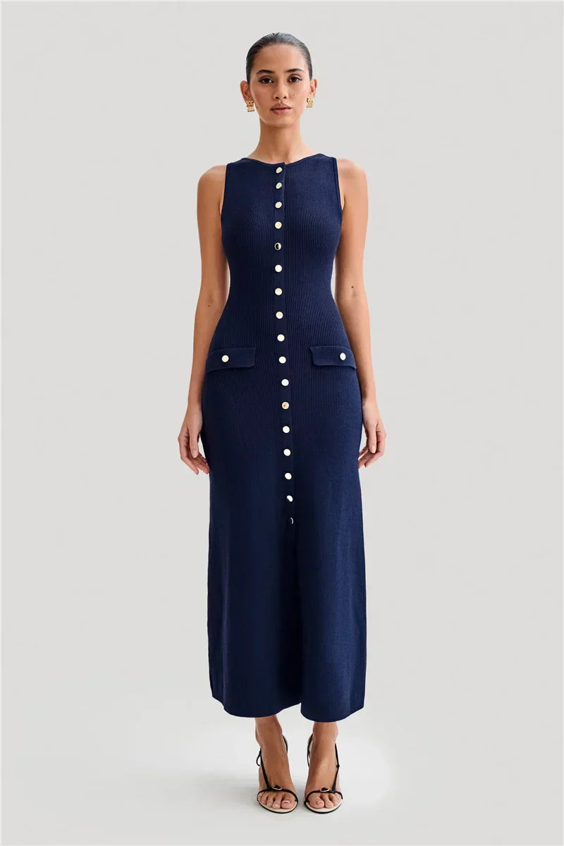 Knit Maxi Dress with Pockets Button - Front