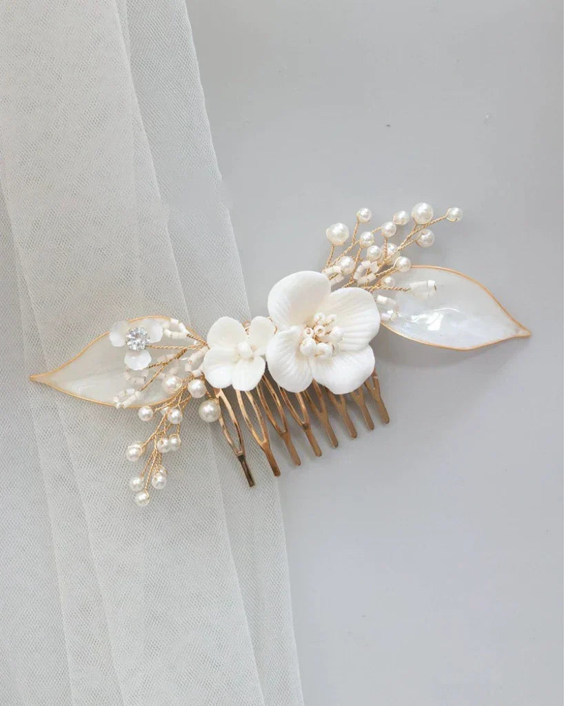 Bridal Jewelry Porcelain Flower Hairpin Gold Color Head Piece For Bridesmaids Bride Pearl Hair Comb Pin Clip Wedding Accessories