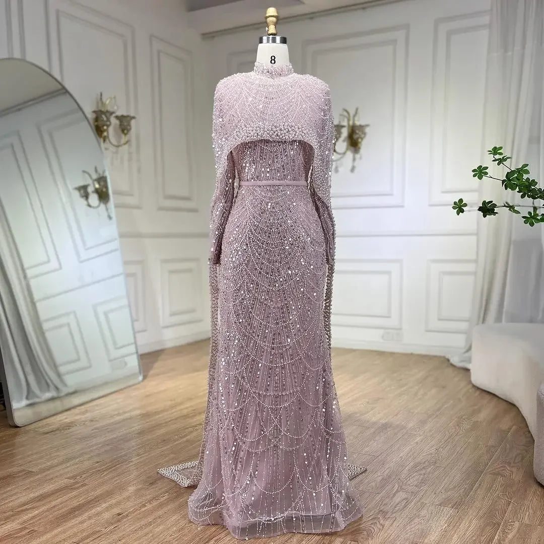 Zapdress Customized Muslim Hijab Sage Green Long Sleeves Evening Dresses with Cape Dubai 2024 Party Gowns For Women LA72032M (ZD17199)
