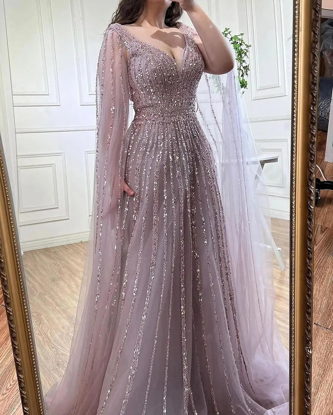Zapdress Customized Pink A-Line Cape Sleeves Luxury Beaded Evening Dresses Party Gowns 2025 For Women Wedding (ZD17346) - VelvetHem