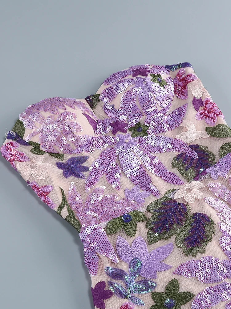 Sequin Floral - Embellished Lavender Strapless Dress
